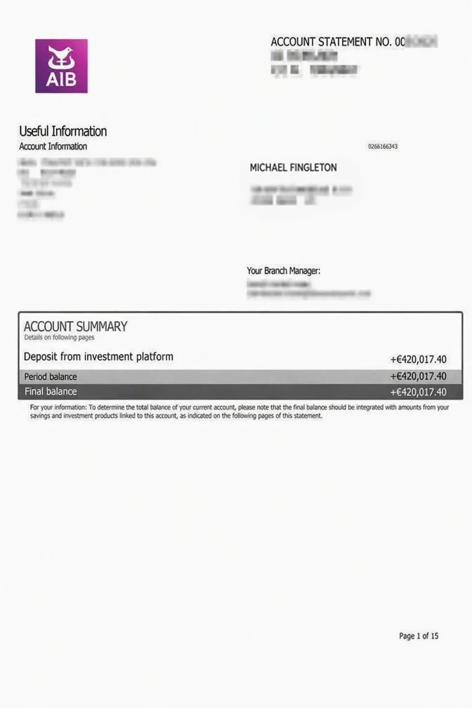 AIB account statement in the name of Michael Fingleton